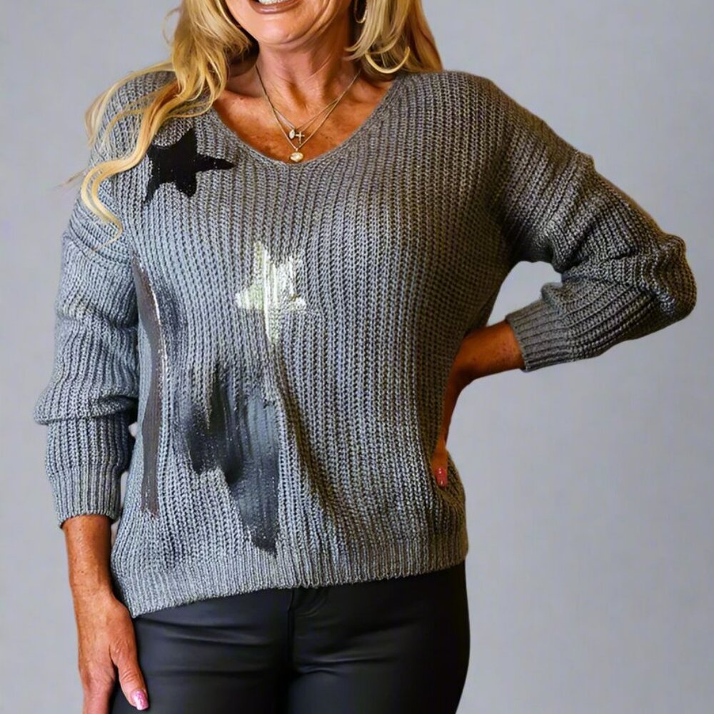 NWT Look Mode Star & Paint Stripe Sweater In Charcoal Grey